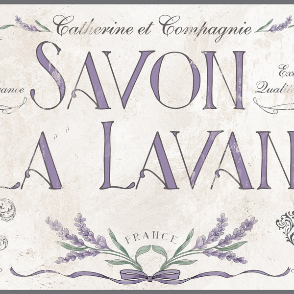 Savon a la Lavande, French Bath Sign, French Soap, Lavender soap, Provence, French Shabby Chic Bath. Grey white lavender sign, Bath decor