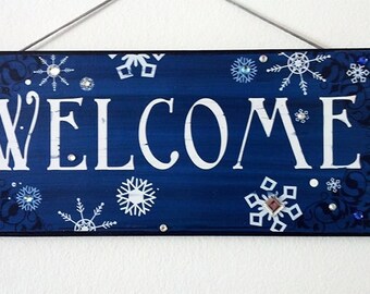 Winter Welcome Sign,Frozen  Snowflake Sign, Winter Sparkle Sign, Snowflakes with bling sign, Blue and White, or Gray and White Snow Welcome