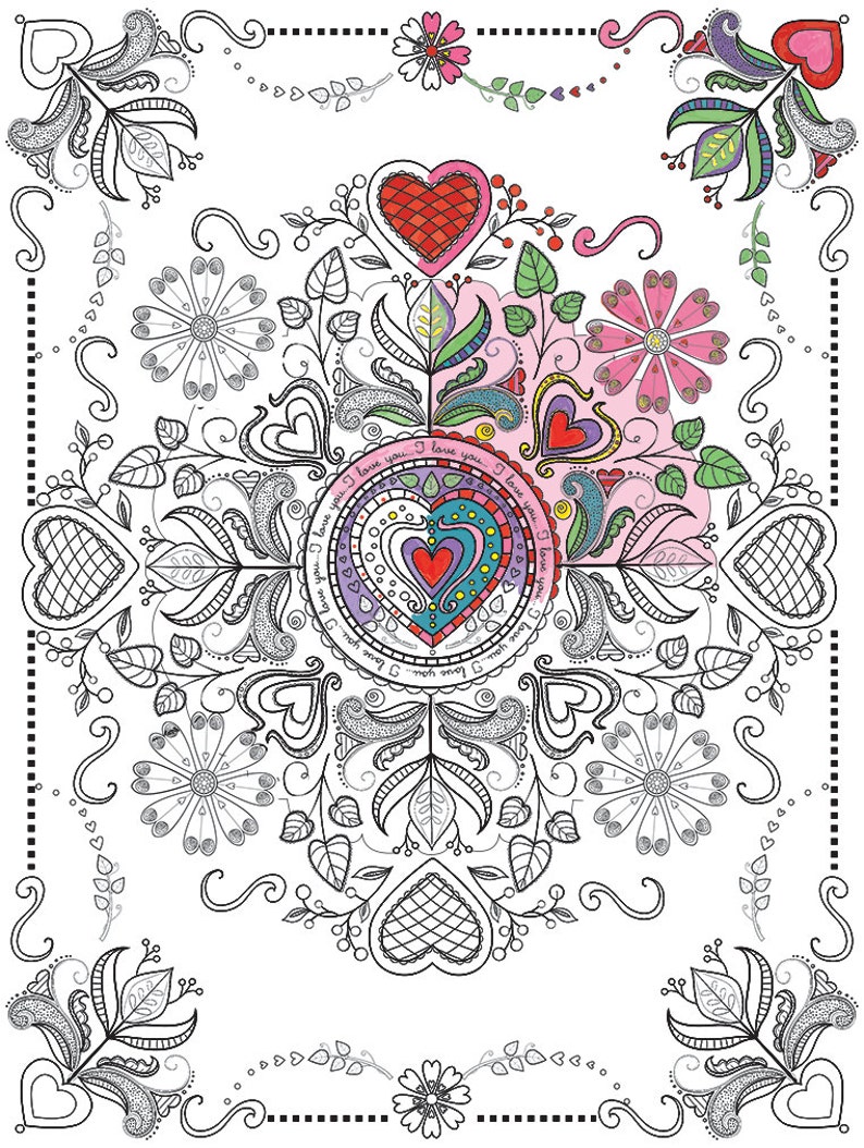May include: A black and white mandala design with a large heart in the center. The heart is surrounded by smaller hearts and floral designs. The text "I love you" is repeated around the heart.