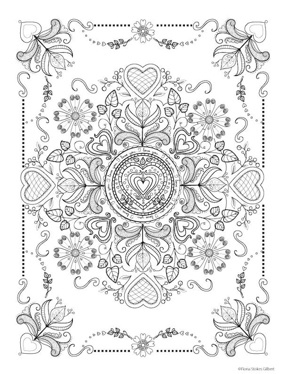 Adult Coloring page Valentine Mandala to color, Downloadable print to color, Fun design to color for all ages 11x14
