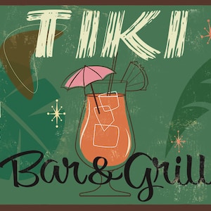 Tiki Bar and Grill,Mid Century Modern Tiki Sign, Vintage Tiki Decor, bar decor, vintage cocktails sign, distressed bar sign, cocktail lounge