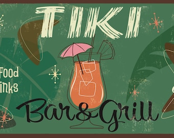 Tiki Bar and Grill,Mid Century Modern Tiki Sign, Vintage Tiki Decor, bar decor, vintage cocktails sign, distressed bar sign, cocktail lounge