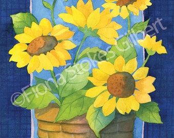 Sunflowers watercolor print, Country Floral, Still Life Sunflowers, Yellow Floral on Cobalt Blue, Floral still life art