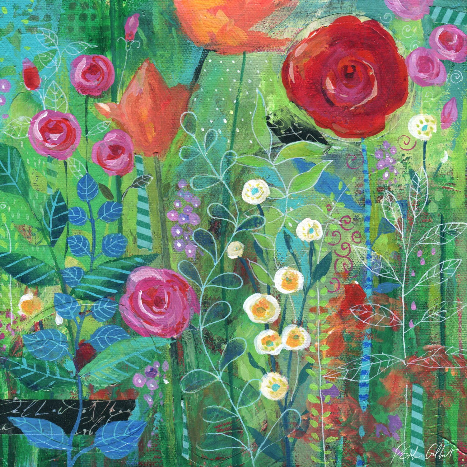 Whimsical Floral mixed media Art Emerald green digital Etsy