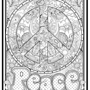 Peace-Zeichen illustriert zum Ausmalen, 11x14, herunterladbarer Druck zum Ausmalen, lustiges Design zum Ausmalen für alle Altersgruppen