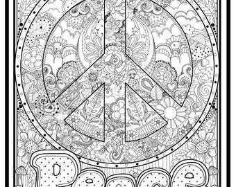 Peace Sign Illustrated to color,11x14, Downloadable print to color, Fun design to color for all ages