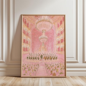 May include: A framed watercolour illustration of an opera house interior rendered in shades of pink. The artwork depicts a multi-tiered auditorium with a large central chandelier, a seated orchestra on stage, and an audience in the foreground.