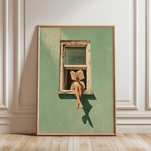 Woman Reading Window Poster, Minimalist Teal Wall Art, Surreal Reading Nook Print, Cozy Book Lover Gift Decor, Contemporary Statement Piece
