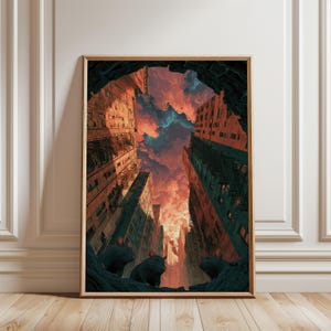 Peut inclure: Une impression d'art verticale encadrée montrant une vue en contre-plongée de grands immeubles urbains avec des escaliers de secours, encadrant un ciel dramatique rempli de nuages orange, rouges et bleu foncé. Trois rats sombres sont au premier plan.