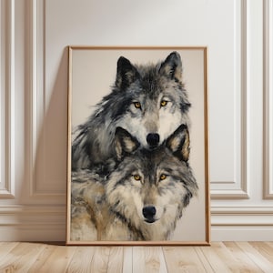 Two Grey Wolves Close-Up Wall Art, Eye-Level Portrait Poster, Wildlife Nature Print, Living Room Wall Decor, Housewarming Nature Gift