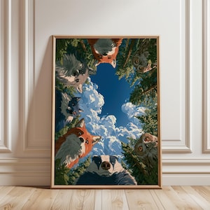 May include: A framed vertical wall art print featuring a low-angle perspective of a forest canopy against a bright blue sky with white clouds. Several woodland animals, including a badger, foxes, and owls, are looking down from the treetops.