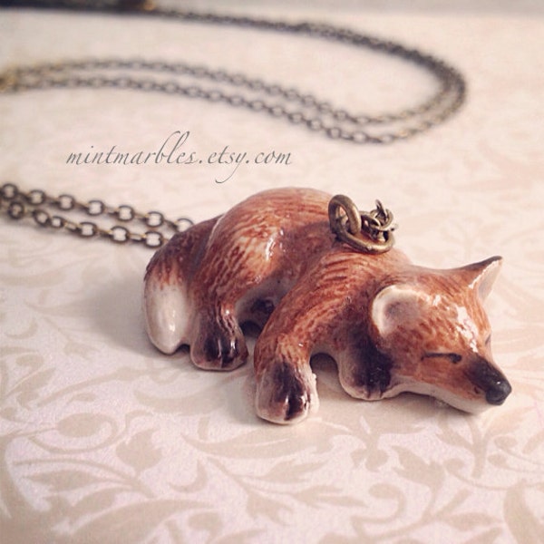 Sleeping Fox Necklace. Woodland Animal. Miniature Cutie. Porcelain Animal. Pocket Friend. Brass Chain. Vintage Style. Gift. Sly. Red Fox.