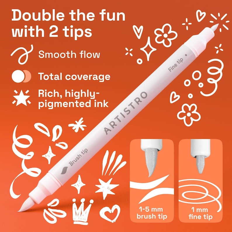 May include: A white dual-tip marker with the brand name ARTISTRO printed on the barrel. The marker features a brush tip on one end and a fine tip on the other. Text on the image includes Double the fun with 2 tips, Smooth flow, Total coverage, Rich, highly-pigmented ink, 1-5 mm brush tip, and 1 mm fine tip.