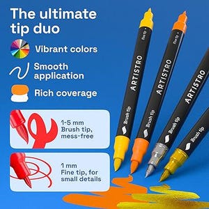 May include: Four dual-tip markers with black barrels labelled ARTISTRO, featuring a brush tip and a fine tip. Text includes The ultimate tip duo, Vibrant colours, Smooth application, Rich coverage, 1-5 mm Brush tip, and 1 mm Fine tip.
