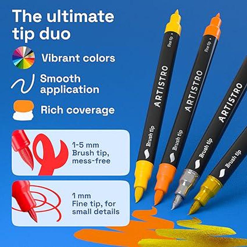 May include: Four dual-tip markers with black barrels labelled ARTISTRO, featuring a brush tip and a fine tip. Text includes The ultimate tip duo, Vibrant colours, Smooth application, Rich coverage, 1-5 mm Brush tip, and 1 mm Fine tip.