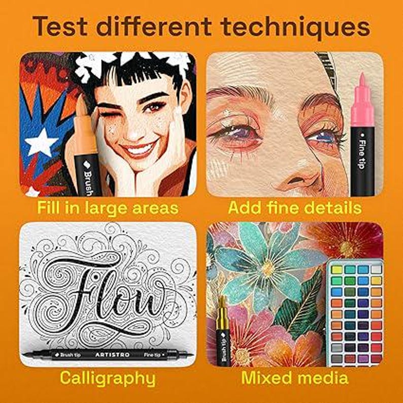 May include: A four-panel instructional graphic titled Test different techniques. It displays markers used for colouring a portrait, adding fine details to a face, creating calligraphy with the word Flow, and mixed media art with a paint palette.