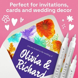 May include: An envelope with a floral-patterned interior liner, a purple invitation card with the text "you are invited to the wedding of Olivia & Richard," and three white markers labeled "ARTISTRO" with brush and fine tips on a pink background.