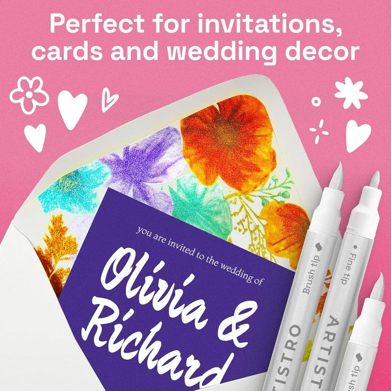 May include: An envelope with a floral-patterned interior liner, a purple invitation card with the text "you are invited to the wedding of Olivia & Richard," and three white markers labeled "ARTISTRO" with brush and fine tips on a pink background.