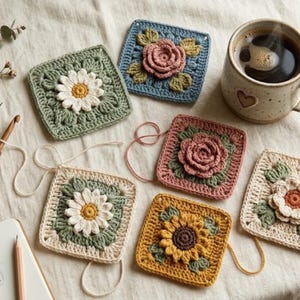May include: A collection of six square crochet motifs featuring three-dimensional floral designs in shades of sage green, dusty rose, mustard yellow, and cream, arranged alongside a ceramic mug filled with dark coffee.