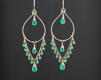 Emerald Green ONYX Chandelier Earrings - 14K Gold FILLED Green Gemstone Statement Earrings - Tear Drop Hoop Earrings - Light Emerald COLORED