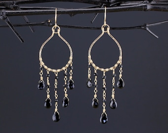 Long Gold Black Spinel Chandelier Earrings Black Gemstone Statement Earrings 14K Gold Filled