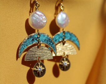 Coin Pearl Crescent Celestial Boho Hippie Earrings - Gift for wife, girlfriend, best friend