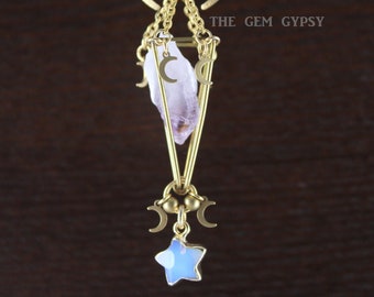 Raw Amethyst and Opalite Caged Crystal Rear View Mirror Charm, Celestial Car Accessories for Women, The Gem Gypsy