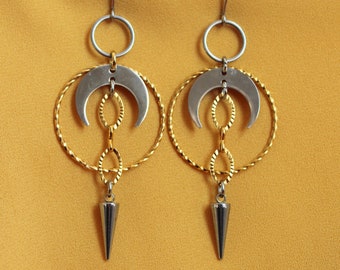 Long Mixed Metal Crescent Spike Hoop Dangles + Edgy Spike Earrings