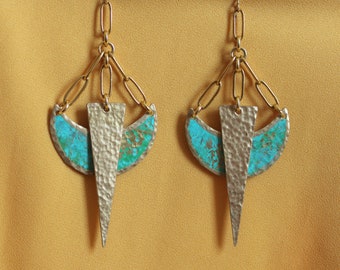 Long Patina Turquoise Crescent and Spike Earrings + Boho Statement Earrings