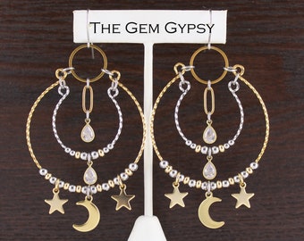 Large Two Tone Moon and Star Boho Chandelier Earrings - Exotic Celestial Statement Earrings - Made by Felicia Cantillo in Jasper - Gift