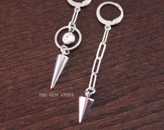Silver Mismatched Spike Drop Earrings (Stainless Steel)