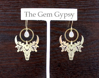 Celestial and Floral Bull Skull Crystal Earrings - Stainless Steel Gold Tone Cow Skull Drop Earrings - Birthday Gift for Women