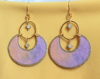 Long Pale Peach Purple Crescent Hippie Earrings - Wide Boho Statement Earrings - Hippie Jewelry