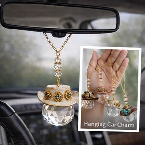 Cowgirl Hat Car Mirror Charm Crystal Prism Suncatcher Rearview Accessory Western Gift for Her