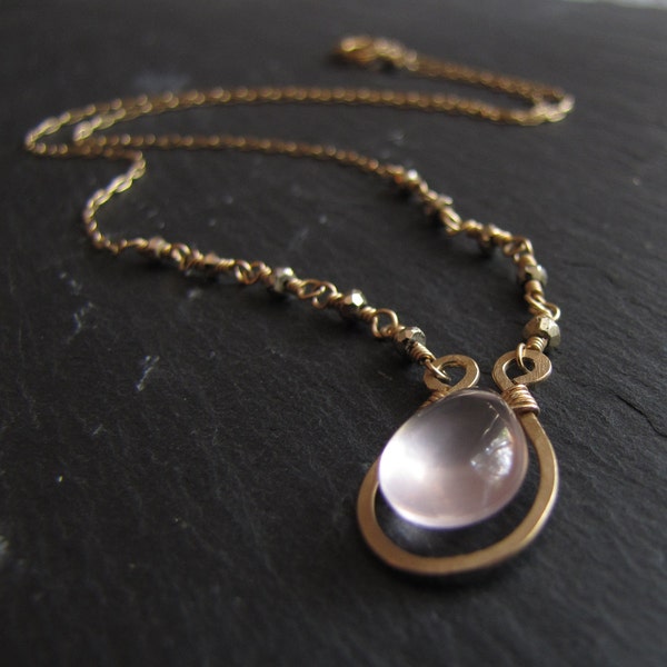 Petite Rose Quartz Necklace - Gold Rose Quartz Necklace - Delicate Rose Quartz Necklace - Rose Quartz and Pyrite Necklace