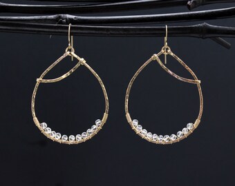 Clear Quartz Gold Oval Hoop Earrings, Crystal Quartz Earrings, Hammered and Wire Wrapped Gold Hoops, Large Quartz Statement Earrings