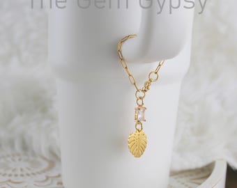 Gold Monstera Leaf Tumbler Charm, Crystal Drink Marker