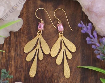 Gold Leaf Dangle Earrings: Handmade Botanical Crystal Drops