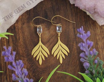 Gold Leaf Dangle Earrings, Pale Aqua Crystal, Nature Inspired Earrings
