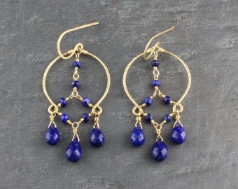 Lapis Earrings, Lapis Chandelier Earrings, 14K Gold Filled Lapis Dangle Earrings, Boho Earrings, Dark Blue Gemstone Earrings