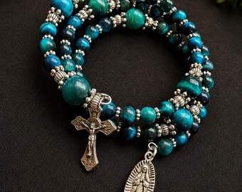 Blue Tiger Eye Chrysocolla Catholic Rosary Bracelet | Gemstone Wrap Prayer Beads