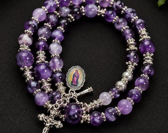 Amethyst Catholic Rosary Bracelet | Handmade Semi-Precious Gemstone Wrap Bracelet | Our Lady Medal & Crucifix