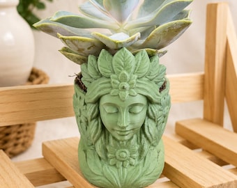 3D Printed Goddess Planter with Live Succulent | Botanical Bust Planter | Handmade Desk Decor