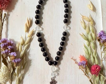 Handmade Black Glass Prayer Beads with Ornate Silver-Tone Cross Pendant