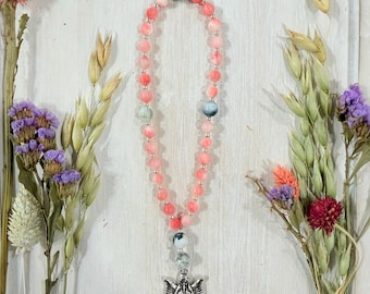Pink Quartz Green Moss Agate Prayer Beads with Angel Pendant | Christian Devotional Beads
