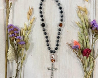 Handmade Hematite Agate Prayer Beads with Cross Pendant | Christian Devotional Reflection Beads