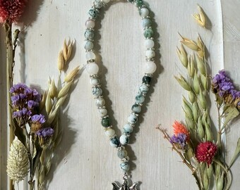 Green Moss Agate Prayer Beads with Angel Pendant | Christian Devotional Beads