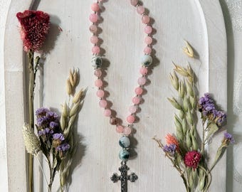Pink Opalite Moss Agate Prayer Beads | Christian Devotional Cross Necklace