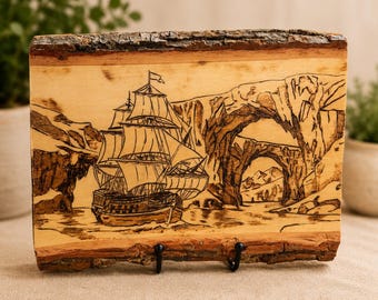 Hand-Burned Nautical Wood Art | Tall Ship & Coastal Arch Scene | Rustic Basswood Wall Decor