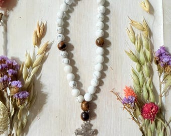 Howlite Tiger's Eye Cross Prayer Beads | Christian Devotional Natural Stone Bracelet